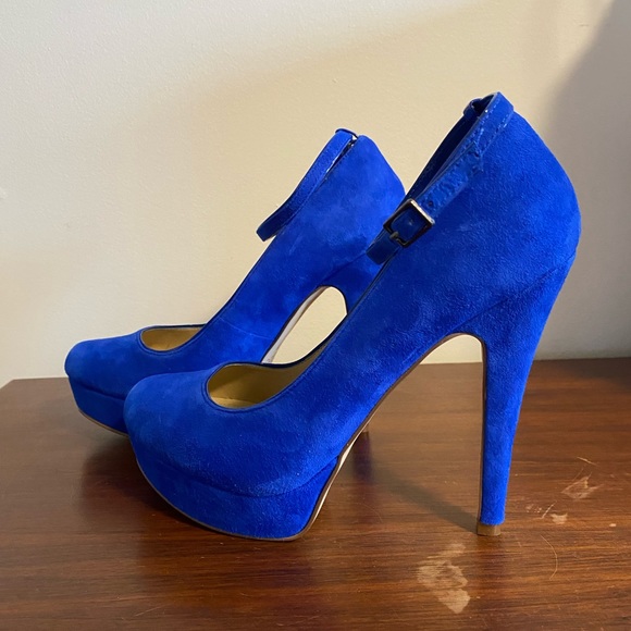 NWOT Aldo blue suede platform pumps w/ ankle strap - Picture 3 of 6